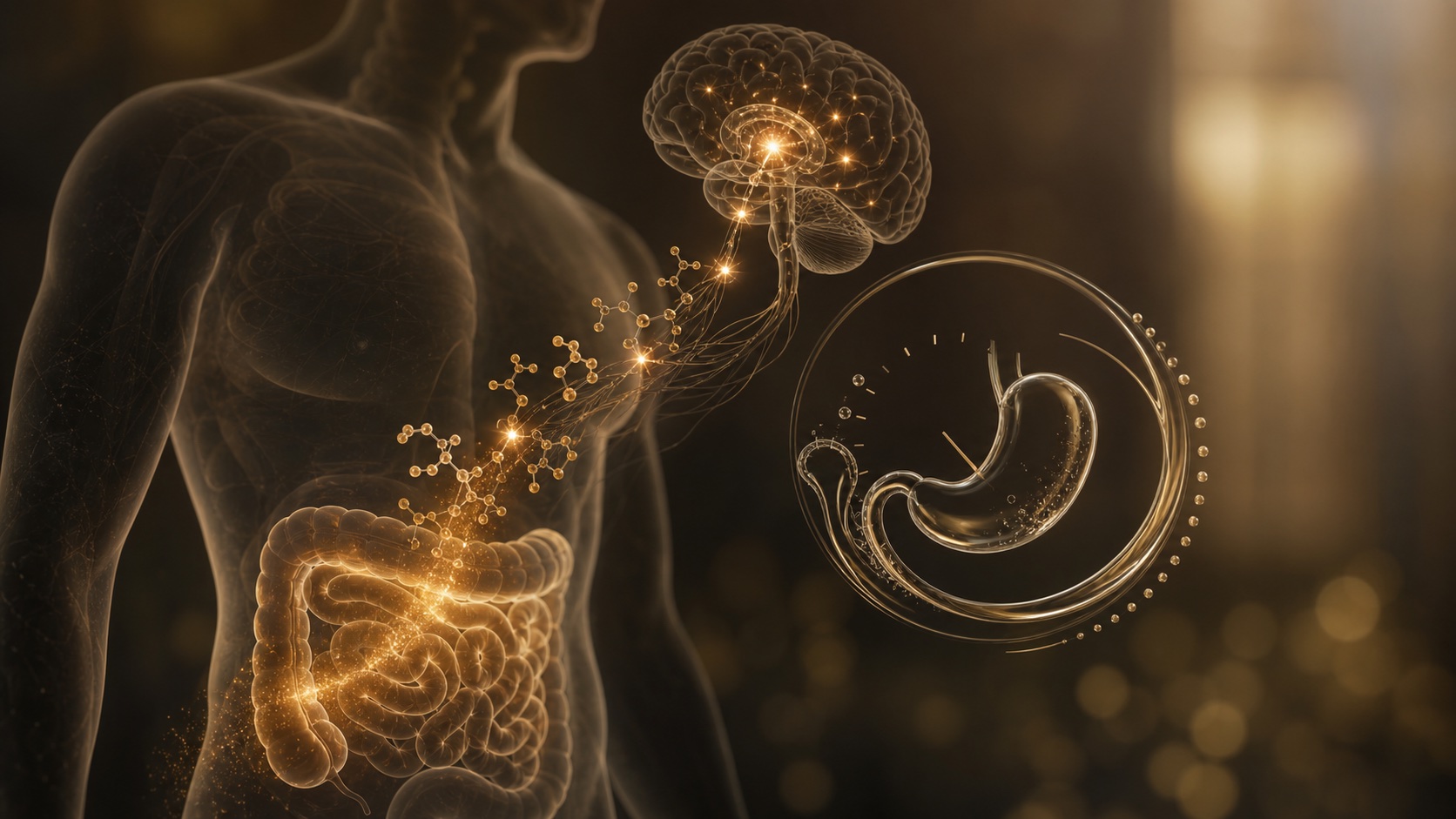 Editorial illustration of gut-derived peptide signals traveling toward the brain and stomach-emptying pathways
