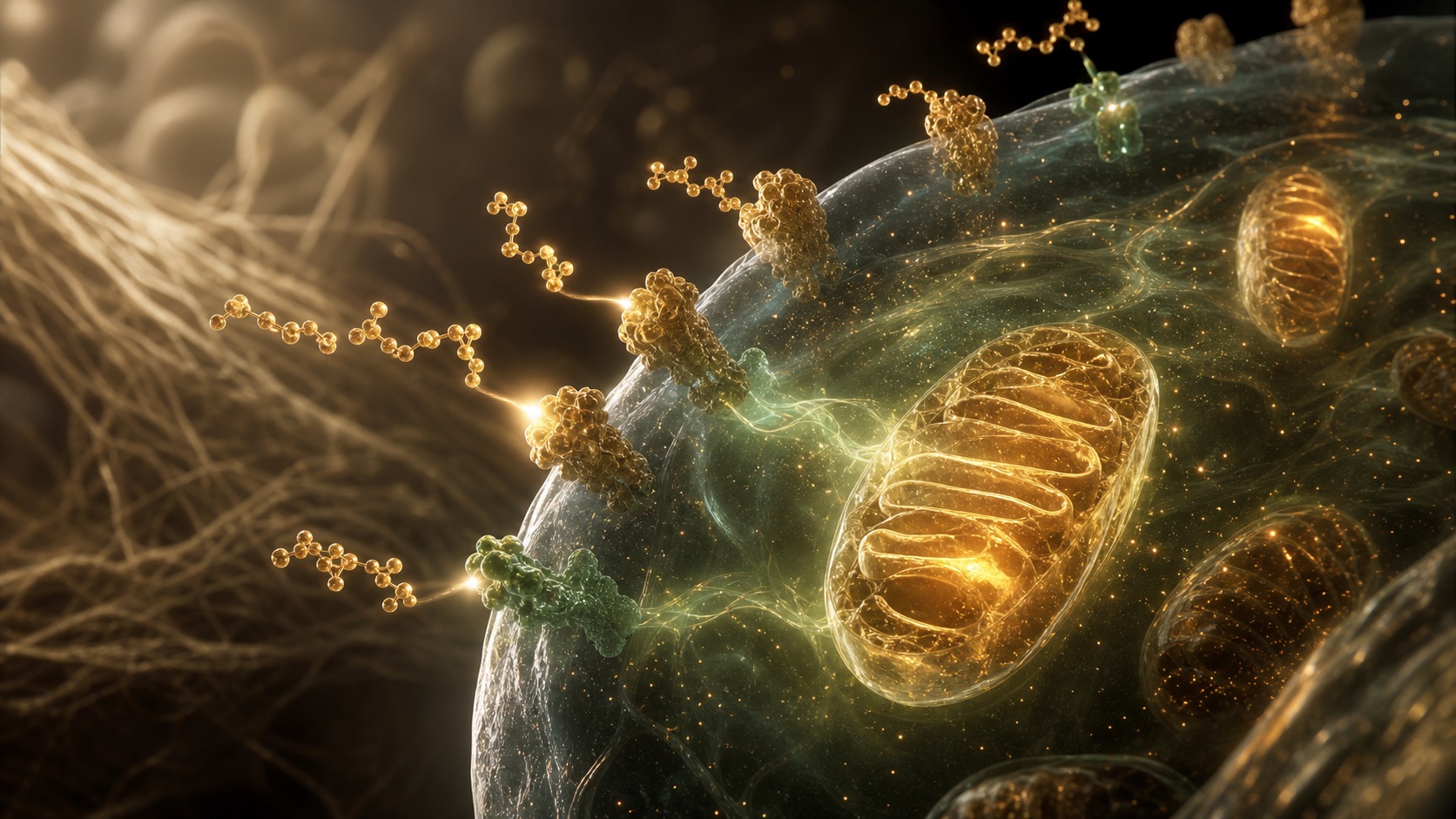 Editorial cellular biology illustration with peptide molecules docking at receptors near glowing mitochondria